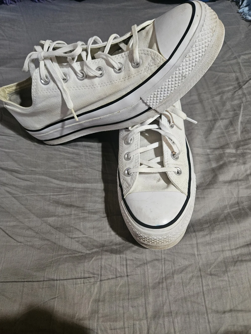Converse White Platform Canvas Low Top Sneakers with Black Stripe, Size 10 Women